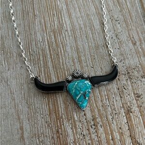 Genuine turquoise longhorn necklace handmade sterling